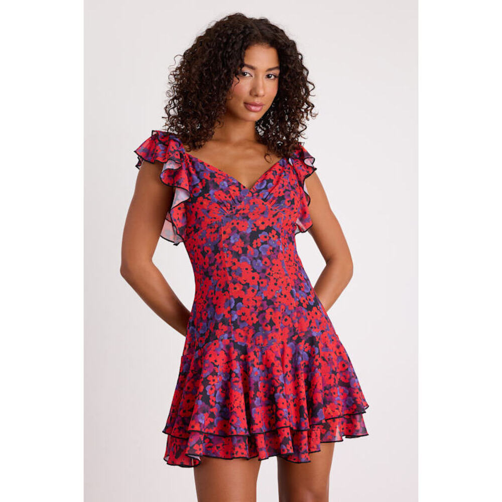 Lulus Maulana Red And Black Floral Flutter Sleeve Mini Dress - Size L